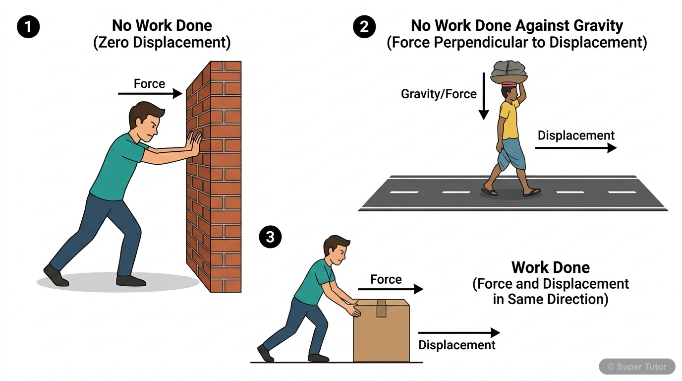 An illustration showing three scenarios: a person pushing a wall (no displacement, no work), a person carrying a load and walking on a level road (force and displacement perpendicular, no work against