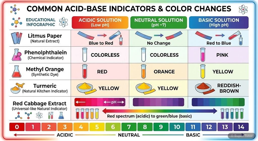 An infographic showing common acid-base indicators (litmus, phenolphthalein, methyl orange, turmeric, red cabbage) and the distinct color changes they exhibit in acidic, neutral, and basic solutions. 