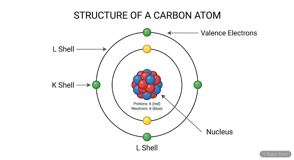 A diagram showing the atomic structure of carbon, specifically its nucleus with protons and neutrons, and the distribution of its 6 electrons in the K and L shells, highlighting the 4 valence electron