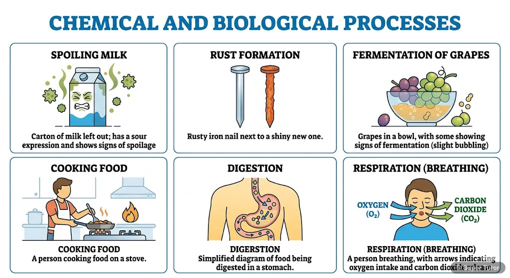 An illustration showing common daily life situations where chemical reactions occur, such as milk turning sour, iron rusting, grapes fermenting, food cooking, food digestion, and respiration.