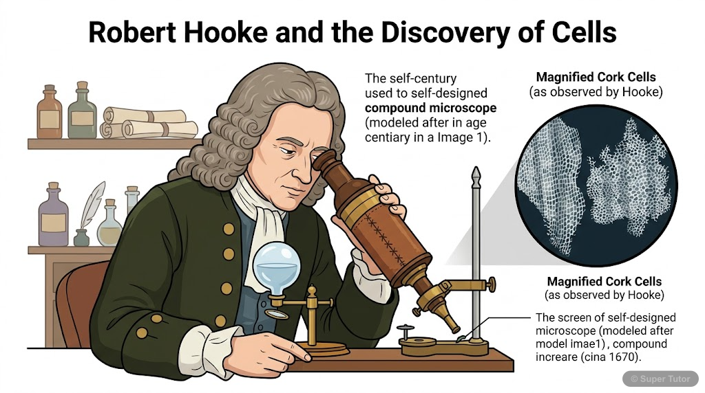 An illustration depicting Robert Hooke observing a thin slice of cork under his self-designed primitive microscope, showing the honeycomb-like structure of cork cells he described.