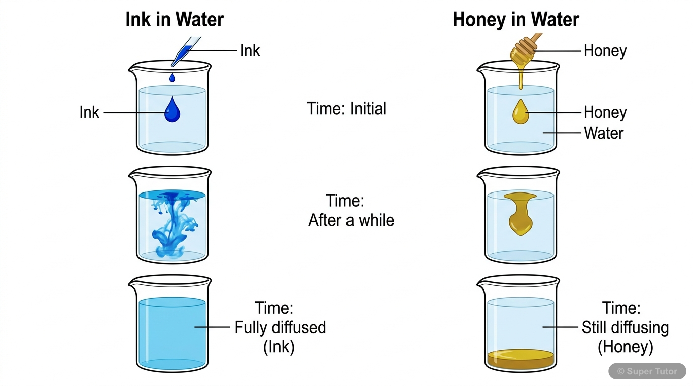 Diffusion of Ink and Honey in Water A comparison showing the diffusion of ink and honey in water over time, highlighting that particles are continuously moving and diffusion rate varies.