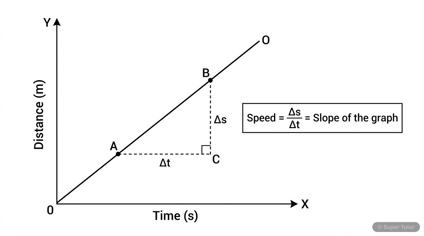A line graph showing distance on the Y-axis and time on the X-axis, depicting a straight line passing through the origin, representing uniform speed. Includes labels for calculating speed from the slo