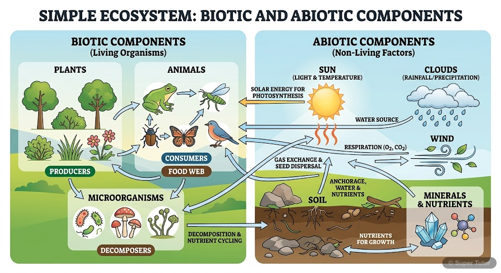 Components of an Ecosystem A diagram illustrating the biotic and abiotic components of an ecosystem and their interactions.