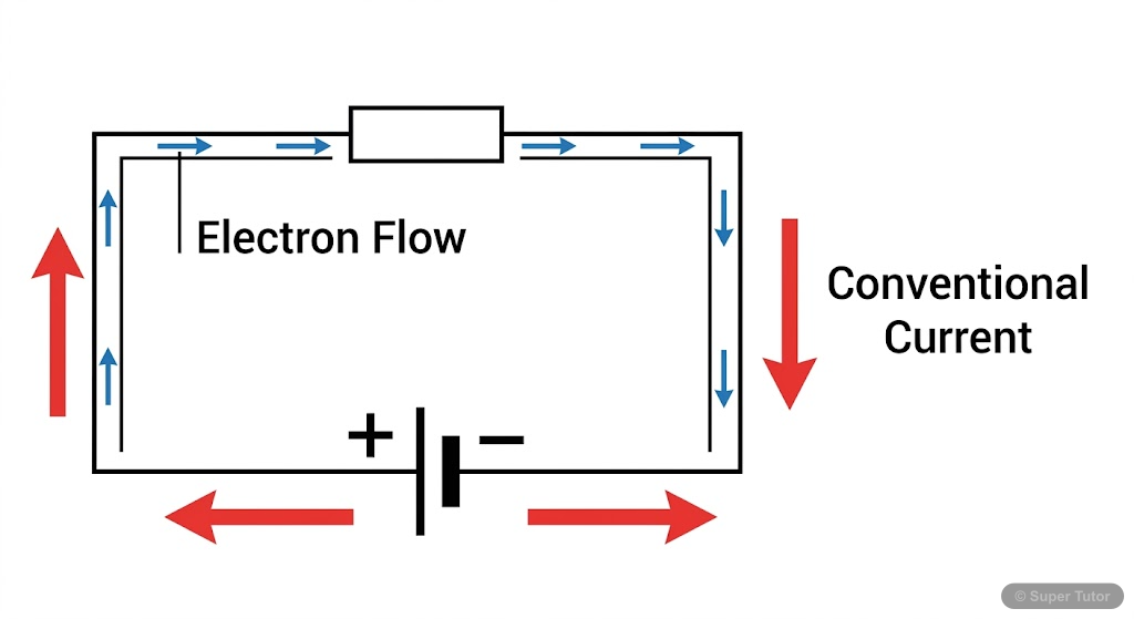 Electron Flow vs. Conventional Current A diagram illustrating the difference between the direction of electron flow and the conventionally accepted direction of electric current in a circuit.