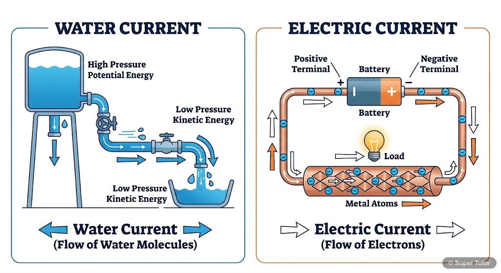 An illustration comparing the flow of water in a pipe to the flow of electric charge (current) in a conductor, highlighting the concept of 'current'.