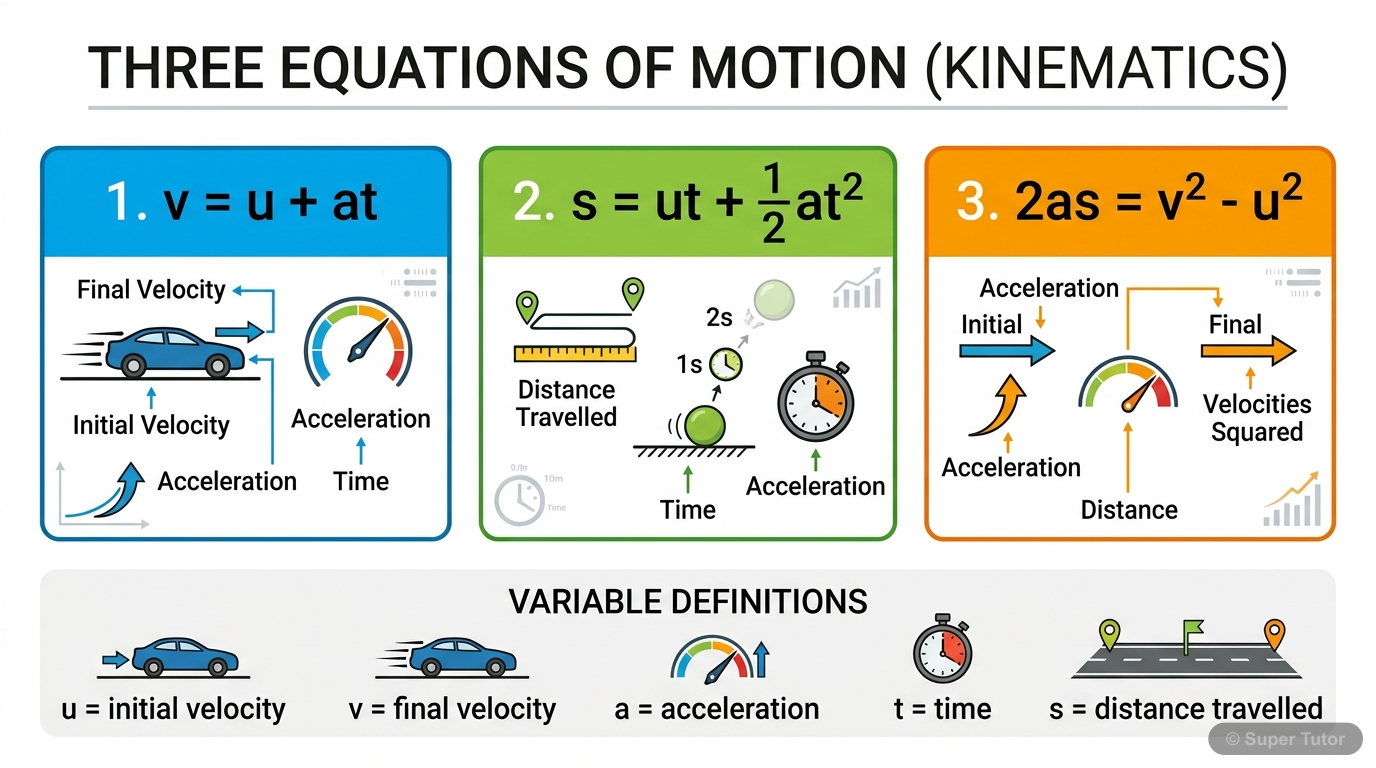 An infographic summarizing the three equations of motion for uniformly accelerated straight-line motion, along with the definitions of all variables.
