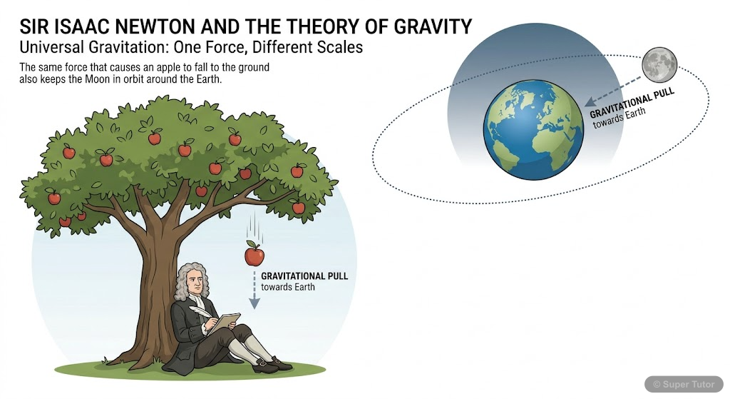 An illustration showing Newton under an apple tree, with an apple falling towards the Earth, and simultaneously, the Moon orbiting the Earth, to visually connect the two phenomena under the same gravi
