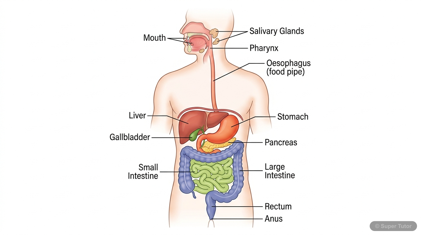 Human Alimentary Canal A labeled diagram of the human alimentary canal, showing the major organs involved in digestion from mouth to anus, including associated glands.