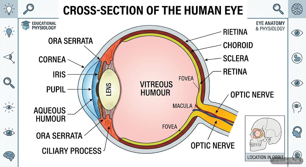 A detailed cross-section of the human eye showing all major parts and their labels.