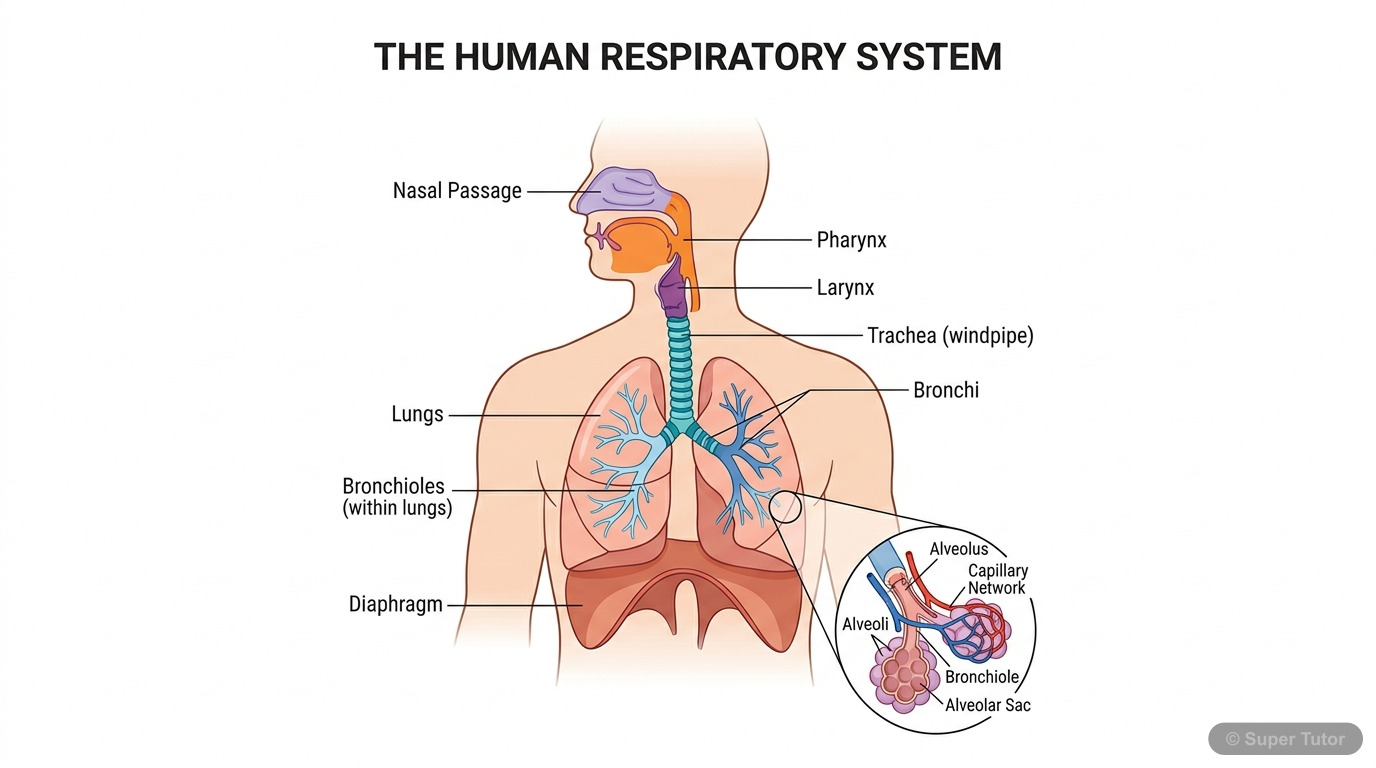 Human Respiratory System A detailed labeled diagram of the human respiratory system, showing the pathway of air from nostrils to alveoli, including associated structures like trachea, bronchi, and lungs.