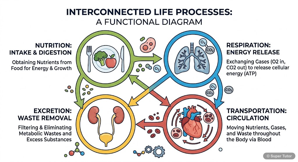 An infographic illustrating the four main life processes: Nutrition, Respiration, Transportation, and Excretion, with simple icons and brief descriptions for each.