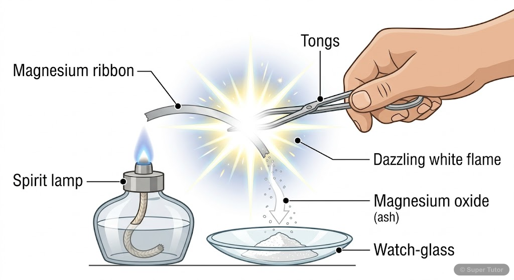Burning of Magnesium Ribbon Experiment A labeled diagram showing the experimental setup for burning a magnesium ribbon in air and collecting the resulting magnesium oxide ash in a watch glass.