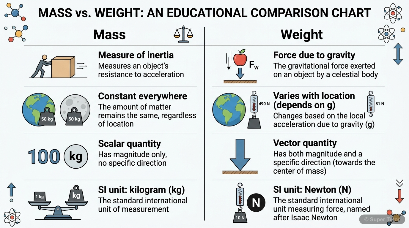 A comparison chart highlighting the key differences between mass and weight, including definitions, units, constancy, and dependence on location.