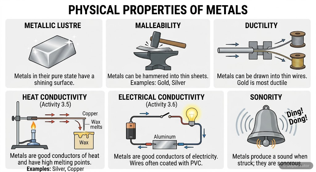 A comparative diagram illustrating key physical properties of metals such as metallic lustre, hardness, malleability, ductility, and conductivity (heat and electricity). Show examples of metals exhibi