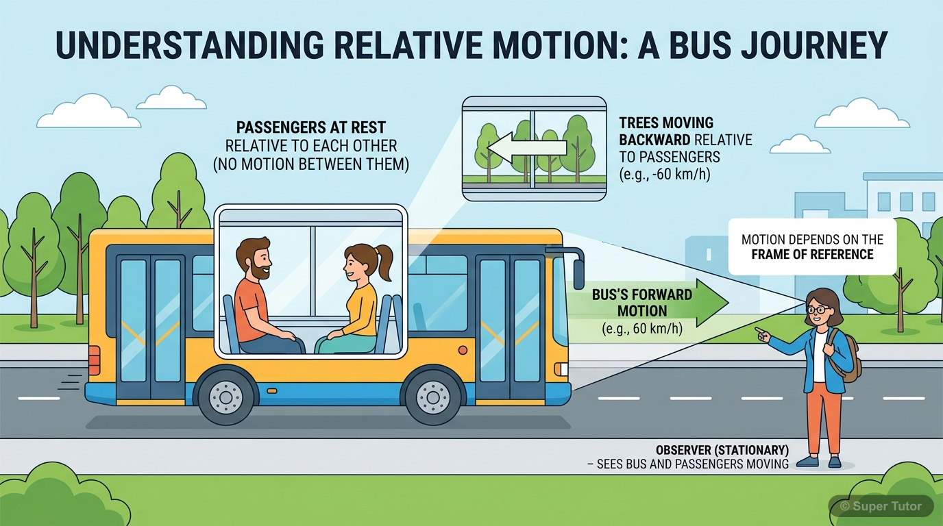 An illustration showing a person inside a moving bus perceiving fellow passengers at rest, while a person outside the bus perceives the bus and its passengers as moving. Roadside trees are shown movin