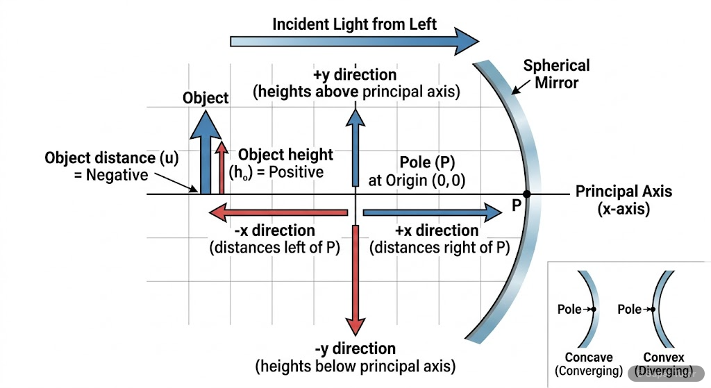 New Cartesian Sign Convention for Spherical Mirrors A labeled diagram illustrating the New Cartesian Sign Convention for spherical mirrors, showing the pole as origin, principal axis as x-axis, and rules for positive/negative distances and heights.