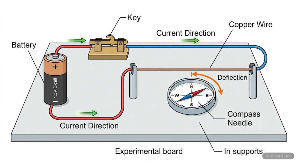 Oersted's Experiment Setup A diagram showing the setup of Oersted's experiment with a straight copper wire, a battery, a key, and a compass needle placed near the wire, illustrating the deflection of the compass when current fl