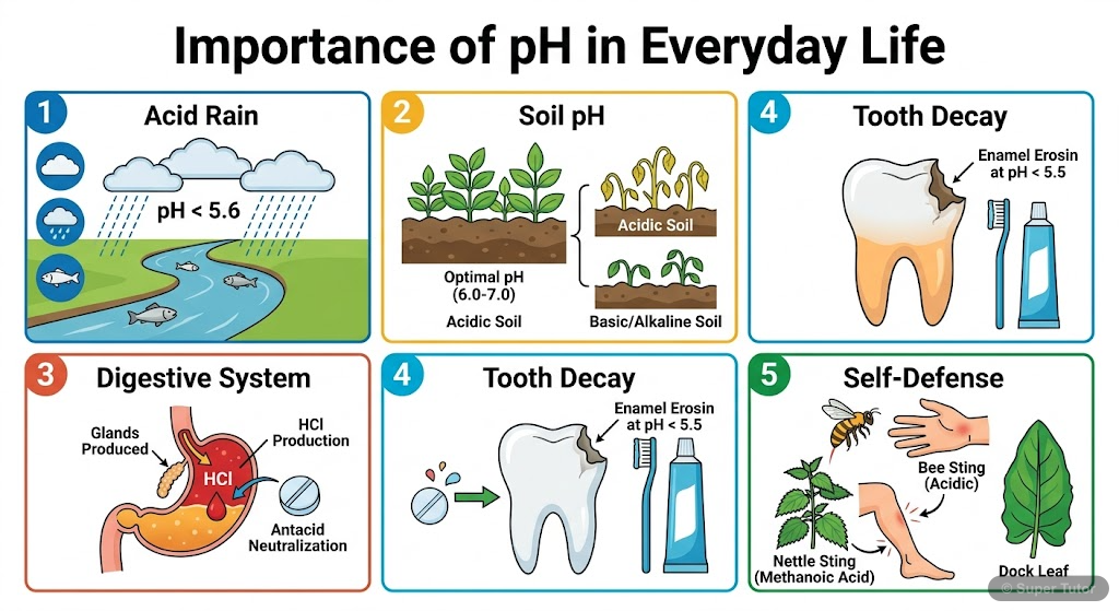 Importance of pH in Everyday Life An infographic illustrating various real-world applications and implications of pH, including acid rain, soil pH for plant growth, pH in the digestive system, tooth decay, and self-defense by animals