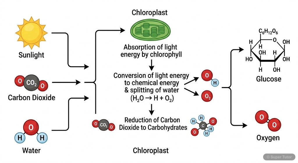 Photosynthesis Process A flowchart illustrating the inputs, key events, and outputs of photosynthesis, including the role of sunlight, chlorophyll, carbon dioxide, and water.