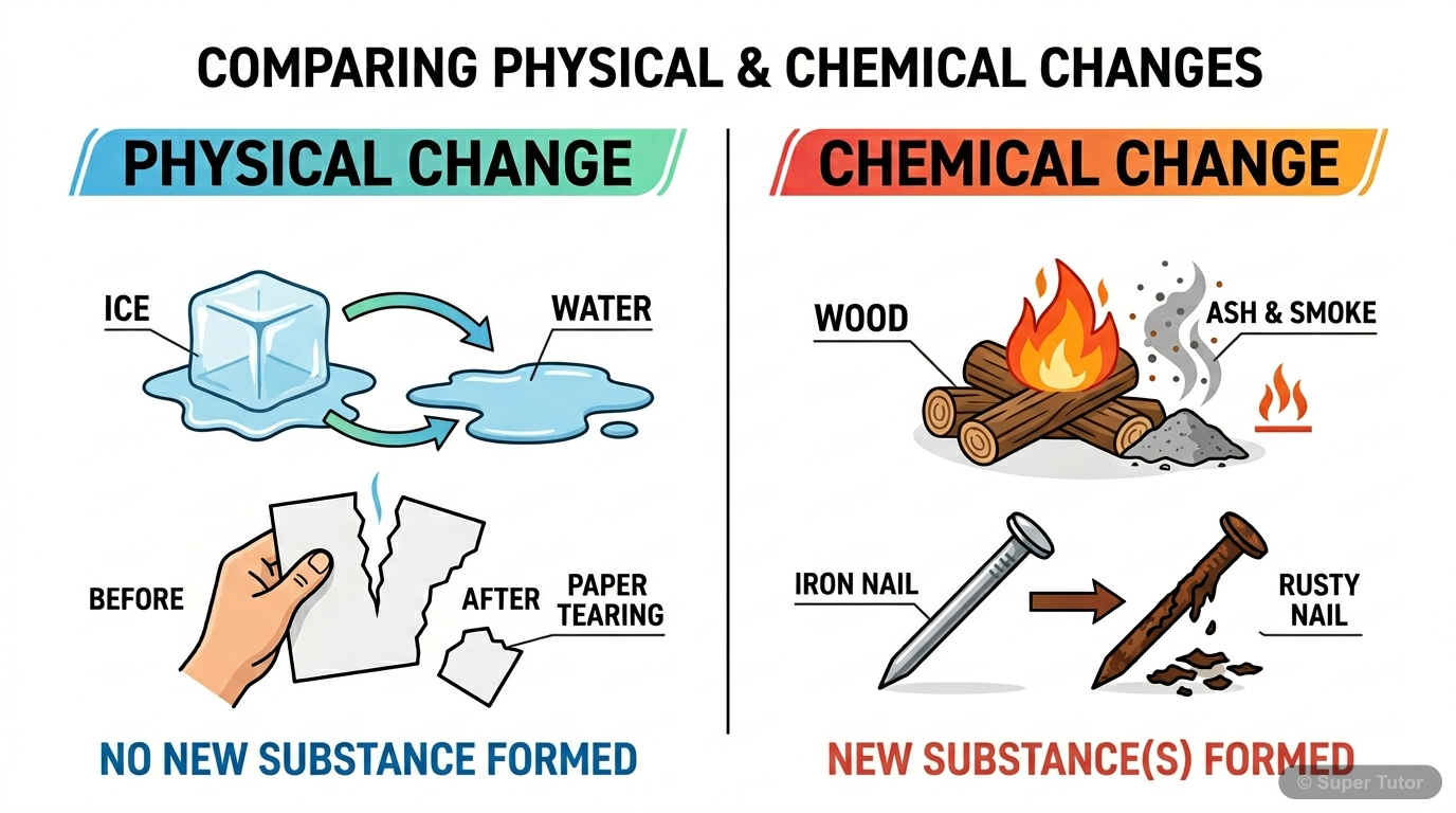Physical vs. Chemical Changes A comparison diagram illustrating the differences between physical changes (e.g., melting ice, boiling water, tearing paper) where no new substance is formed, and chemical changes (e.g., burning wood,