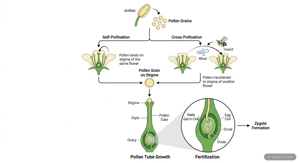 Pollination and Fertilization in Flowering Plants A flowchart illustrating the process of pollination (self and cross) and subsequent fertilization in flowering plants, leading to zygote formation.