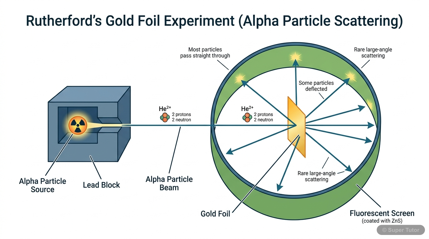 Rutherford's Gold Foil Experiment Setup A diagram showing the experimental setup for Rutherford's alpha-particle scattering experiment, including the alpha particle source, gold foil, and circular fluorescent screen.