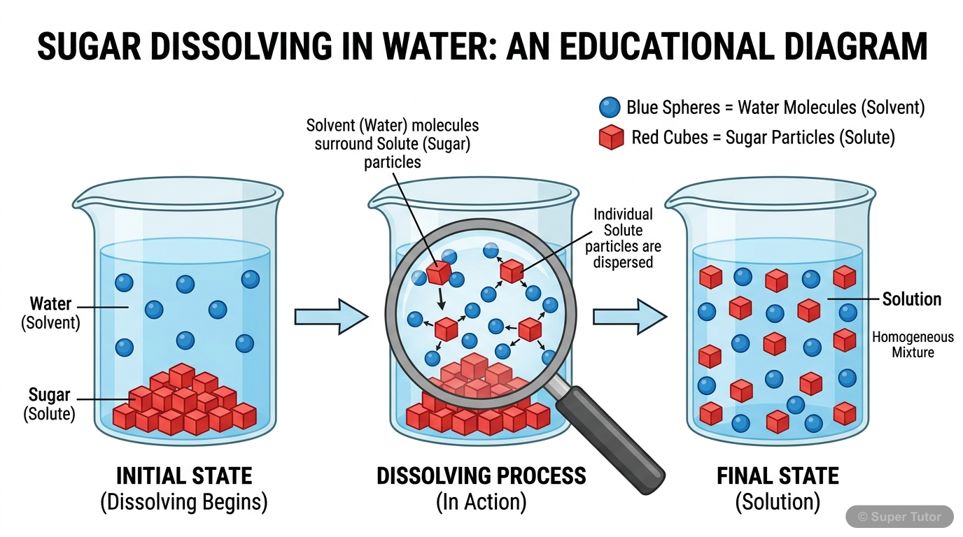 Components of a Solution: Solute and Solvent A diagram illustrating a solution, clearly labeling the solute (minor component, dissolved) and the solvent (major component, dissolving agent). An example like sugar dissolving in water can be used.