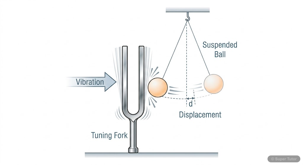 An illustration showing a tuning fork vibrating. One prong is touching a suspended table tennis ball, causing it to move, demonstrating that vibration produces sound.