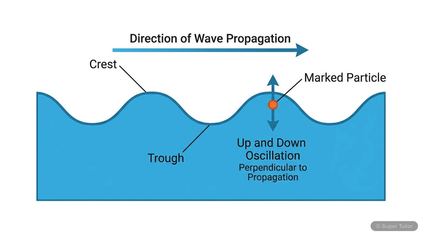 A diagram illustrating a transverse wave, such as ripples on a water surface, showing particles oscillating perpendicular to the direction of wave propagation.