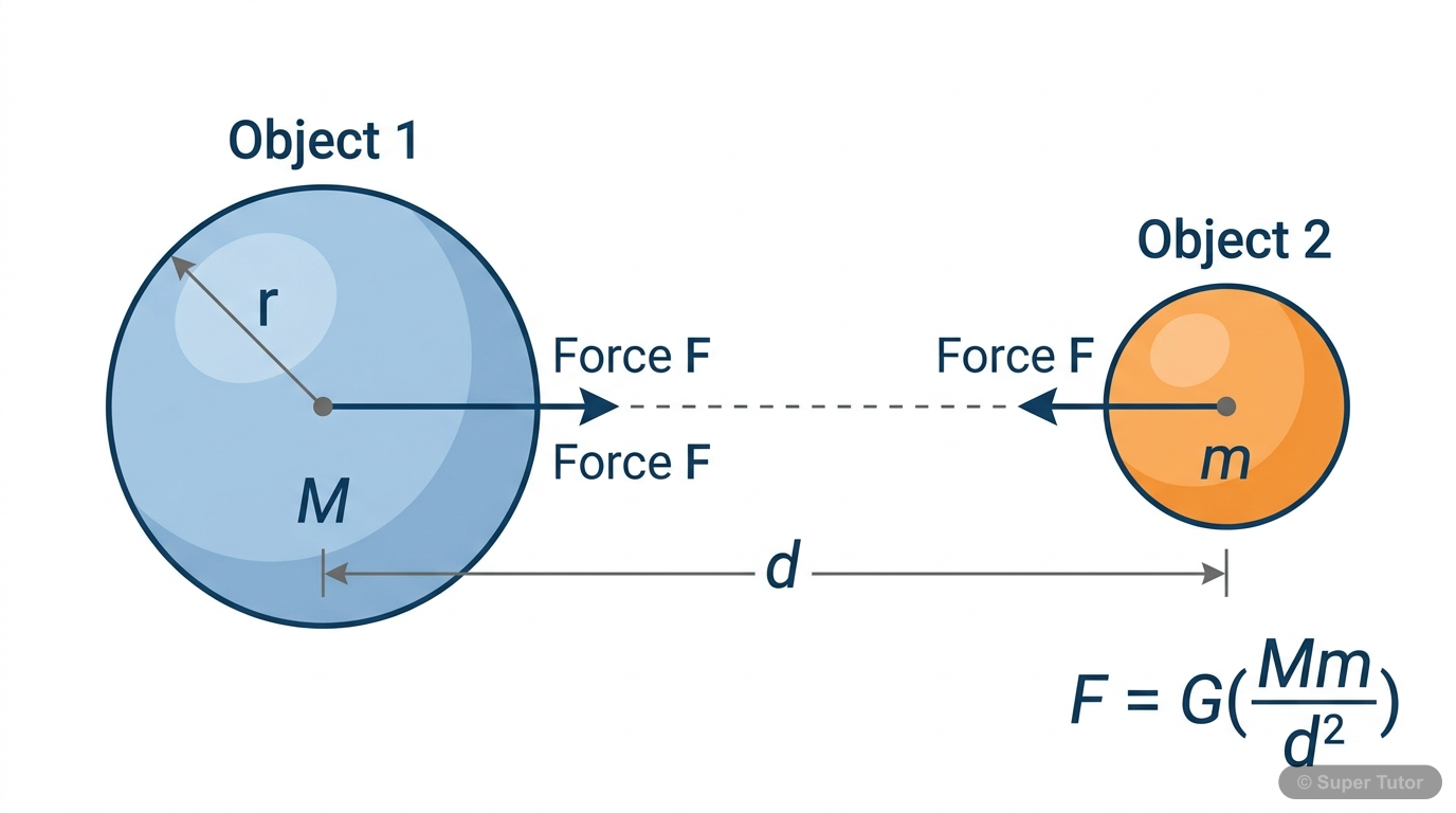 A diagram illustrating two objects with masses M and m, separated by a distance d, showing the gravitational force of attraction between their centers and the relevant variables.