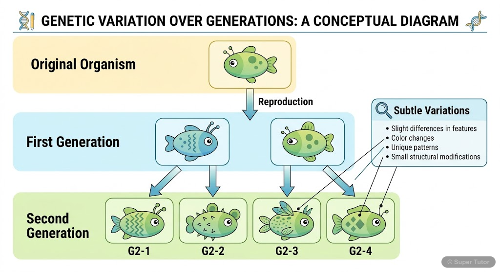 A flowchart illustrating how variations accumulate over successive generations, starting from an original organism and showing subtle differences in offspring through asexual reproduction, leading to 