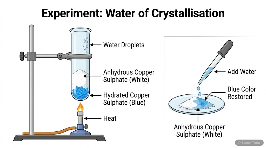 Water of Crystallisation in Copper Sulphate A labeled diagram showing the experiment of heating hydrated copper sulphate crystals, observing the loss of water (turning white) and the formation of water droplets, and then re-adding water to rest