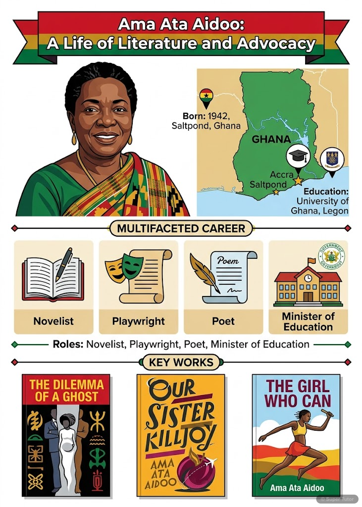 An infographic detailing the life and career of Ama Ata Aidoo, including her birth in Ghana, education, roles as novelist, playwright, poet, and Minister of Education, and key works like 'Dilemma of a
