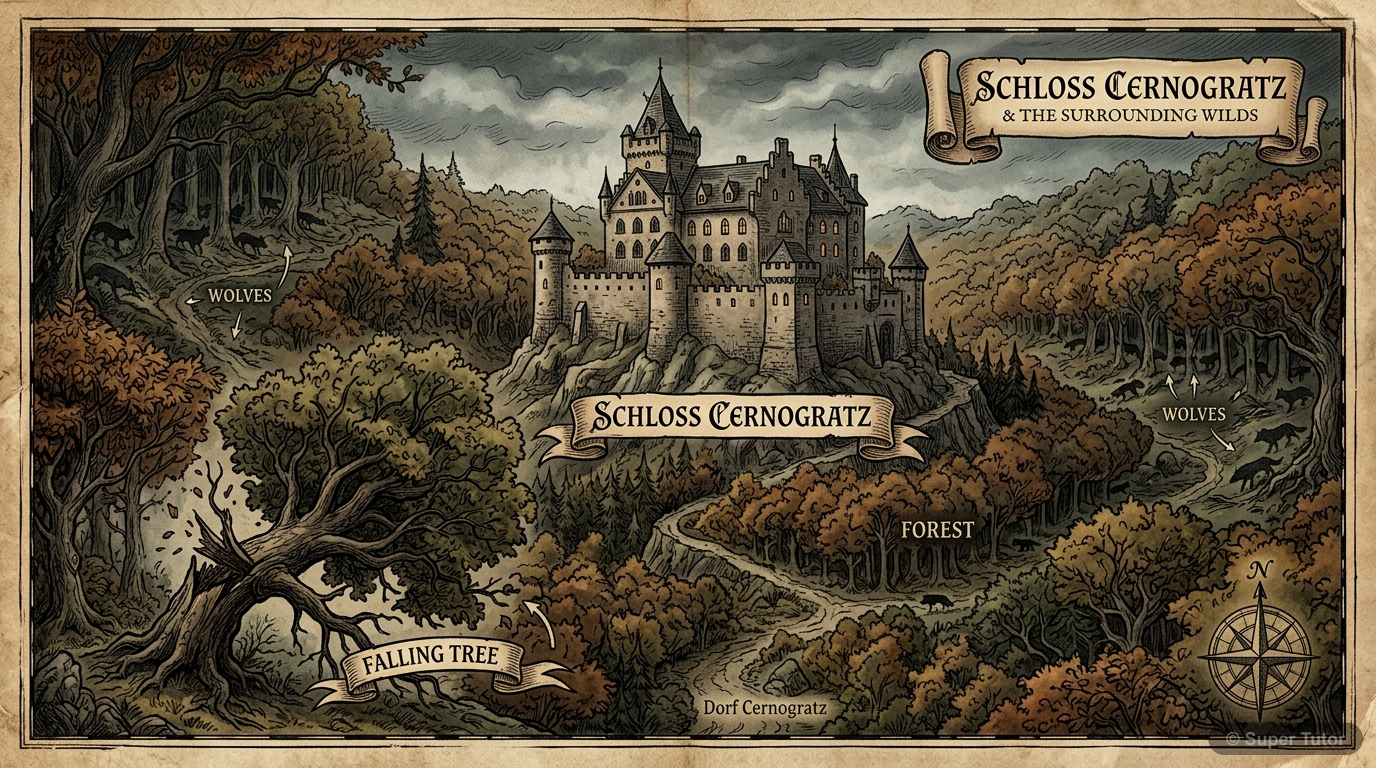 An illustrated map showing the Cernogratz schloss (castle), the surrounding forest with wolves, and the specific location of the falling tree, establishing the gothic atmosphere.