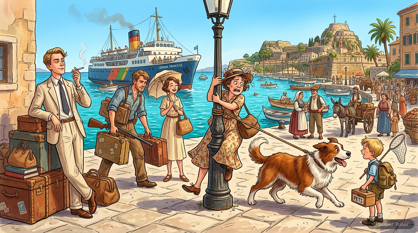 An illustration depicting the Durrell family's chaotic arrival at Corfu harbour, showing Mother clinging to a lamp-post while being dragged by Roger, Larry surveying the scene, and other family member