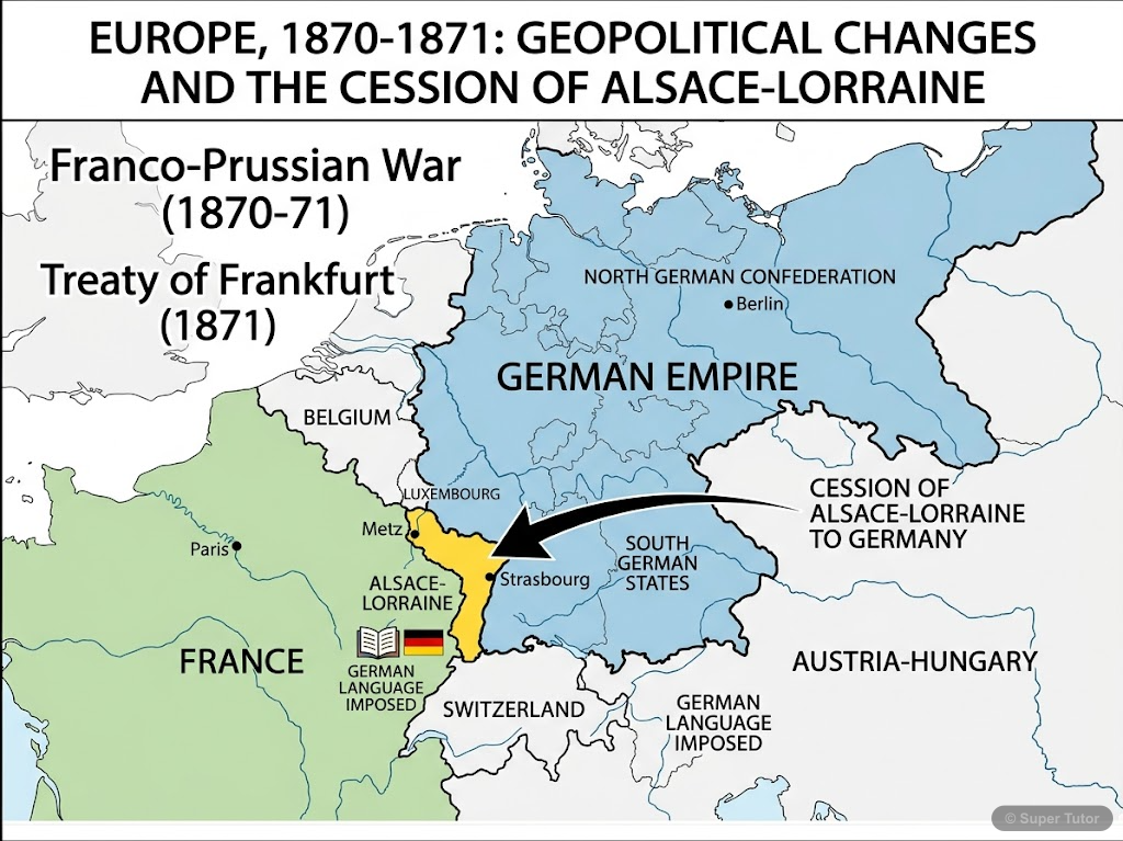 A map showing France and Prussia/German Empire, highlighting the Alsace-Lorraine region. Text overlays explain the Franco-Prussian War (1870-71) and the Treaty of Frankfurt (1871) which led to Alsace-