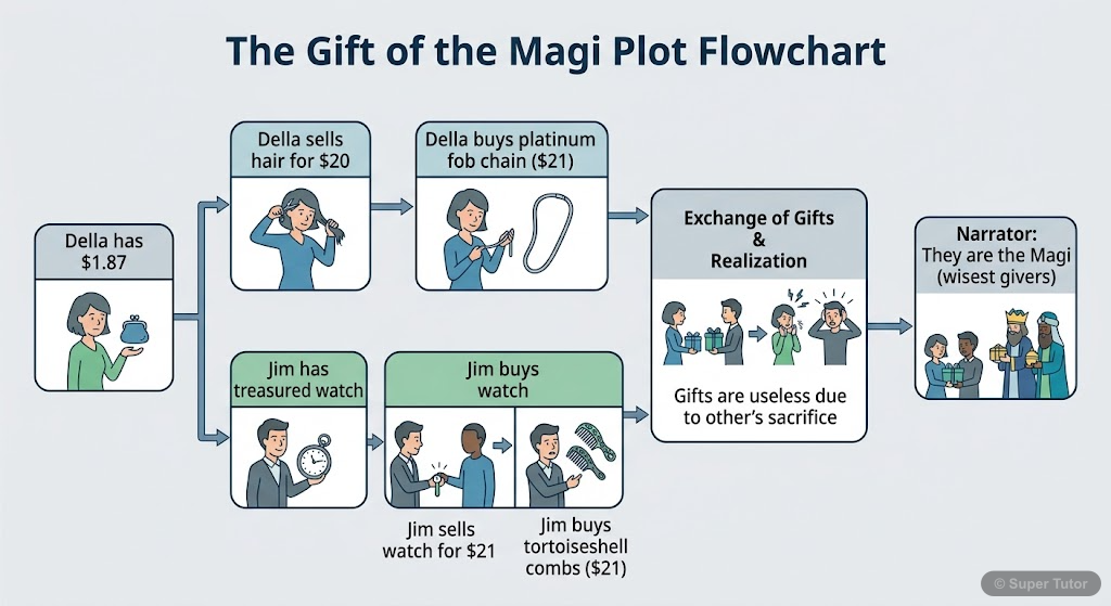 A flowchart illustrating the key plot points and the symmetrical sacrifices made by Della and Jim in 'The Gift of the Magi'.