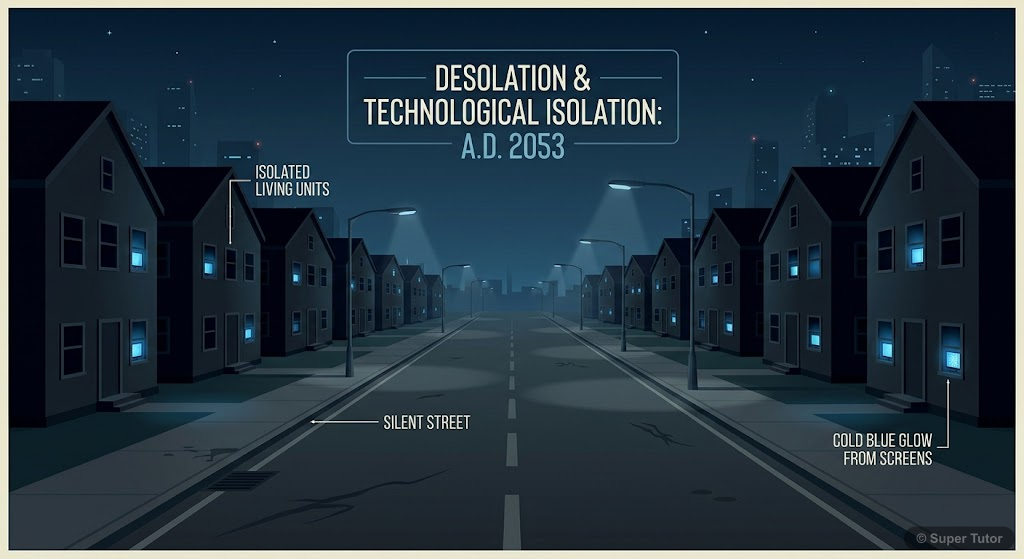 Dystopian City Scene (2053) An illustration of a silent, empty city street at night in 2053, with houses showing only the blue flicker of television screens, emphasizing the desolate and dehumanized setting.