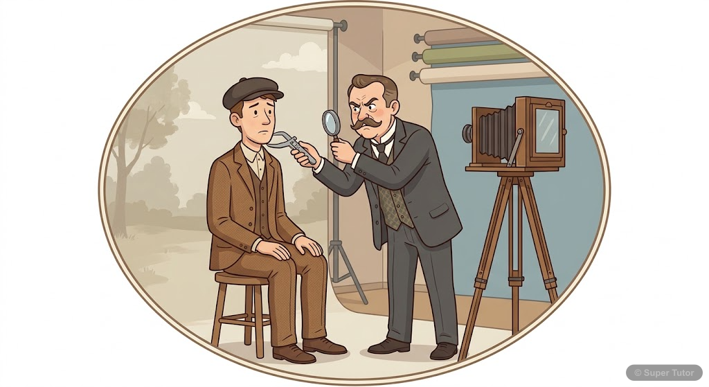 An illustration depicting the narrator sitting uncomfortably in a photographer's studio, with the photographer examining him critically, perhaps with a measuring tape or a magnifying glass. The studio