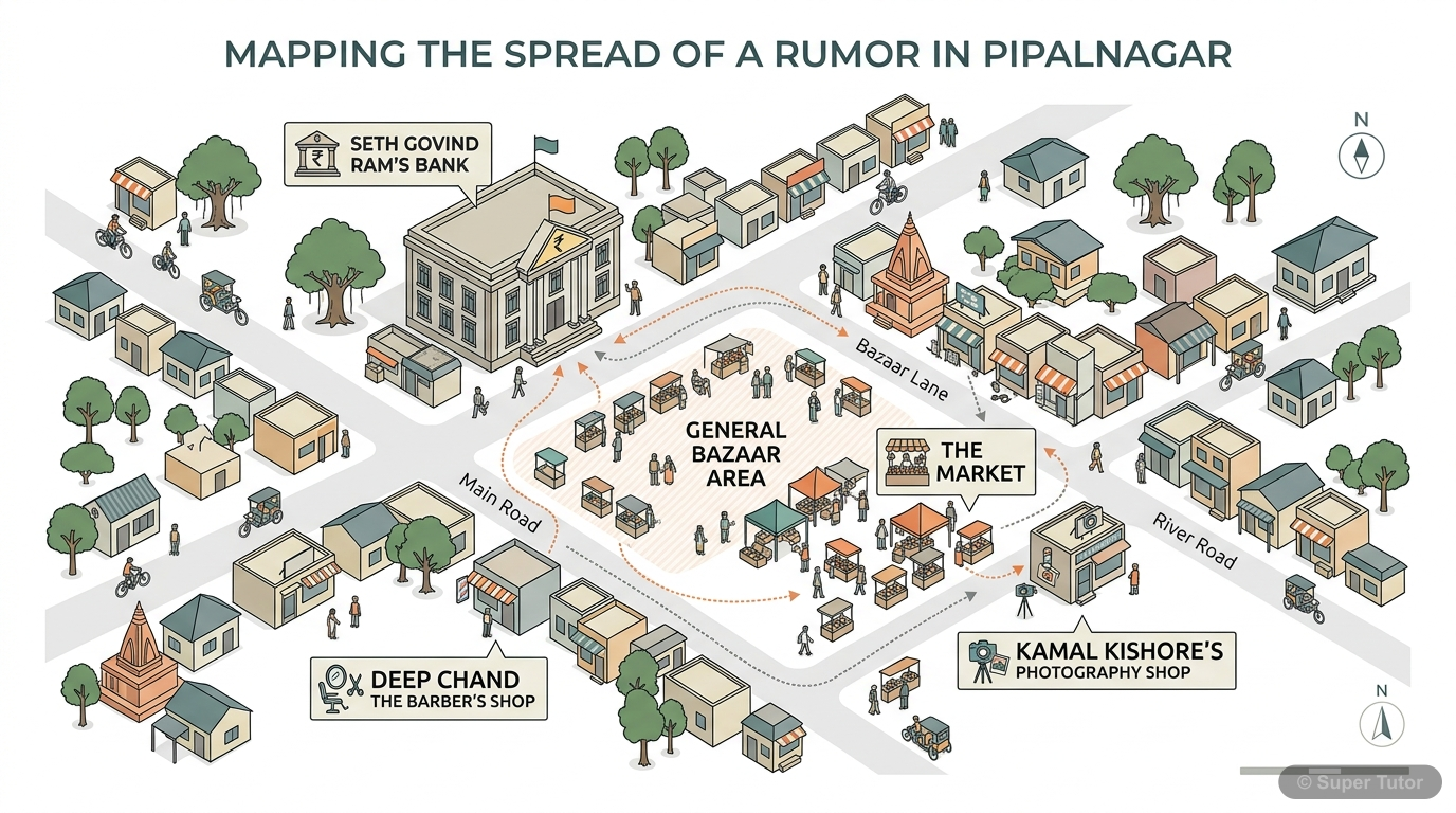 A map of the fictional town of Pipalnagar, showing key locations mentioned in the story like Seth Govind Ram's bank, the market, Deep Chand the barber's shop, Kamal Kishore's photography shop, and the