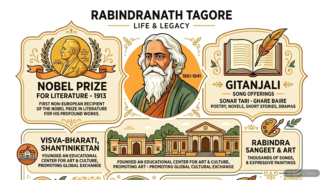 Rabindranath Tagore: Key Milestones An infographic highlighting key biographical details and achievements of Rabindranath Tagore, including his birth/death dates, Nobel Prize, Gitanjali, and Visva-Bharati.