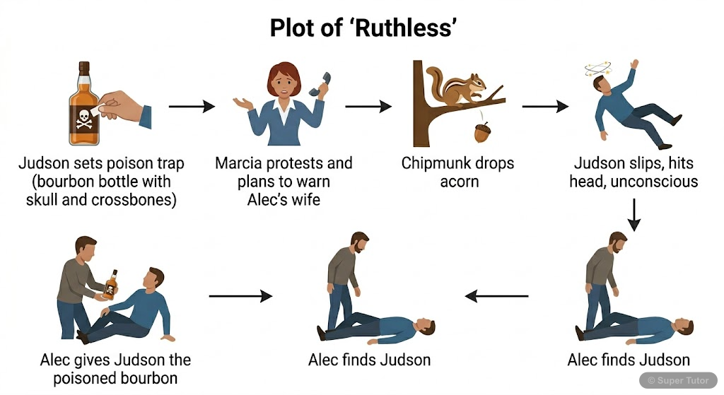 A flowchart illustrating the key events and turning points in the story 'Ruthless', from Judson setting the trap to his ironic demise.