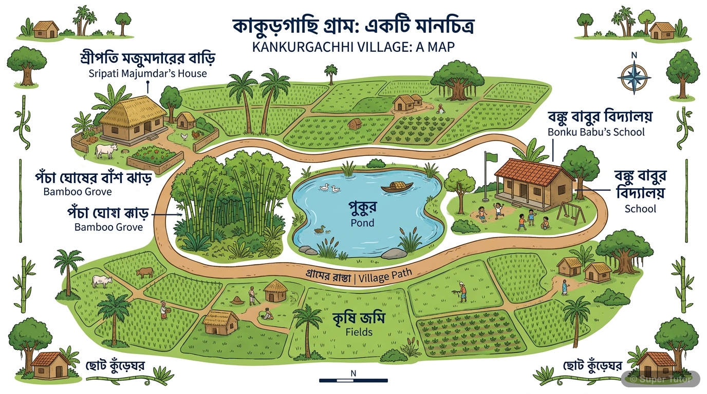 An illustrated map showing key locations in Kankurgachhi village relevant to the story: Bonku Babu's school, Sripati Majumdar's house, Poncha Ghosh's bamboo grove, and the path Bonku Babu takes home.