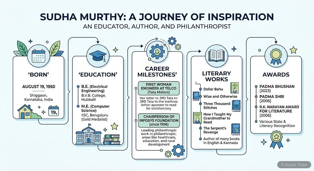 An infographic detailing key biographical information about Sudha Murthy, including her birth, education, career milestones (TELCO engineer, Infosys Foundation chairperson), literary contributions, an