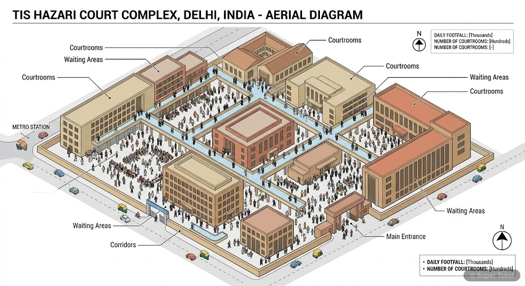 Tis Hazari Court Complex Layout An aerial view or map-like diagram of the Tis Hazari Court Complex in Delhi, showing its crowded, chaotic nature with multiple buildings, courtrooms, waiting areas, and corridors bustling with people.