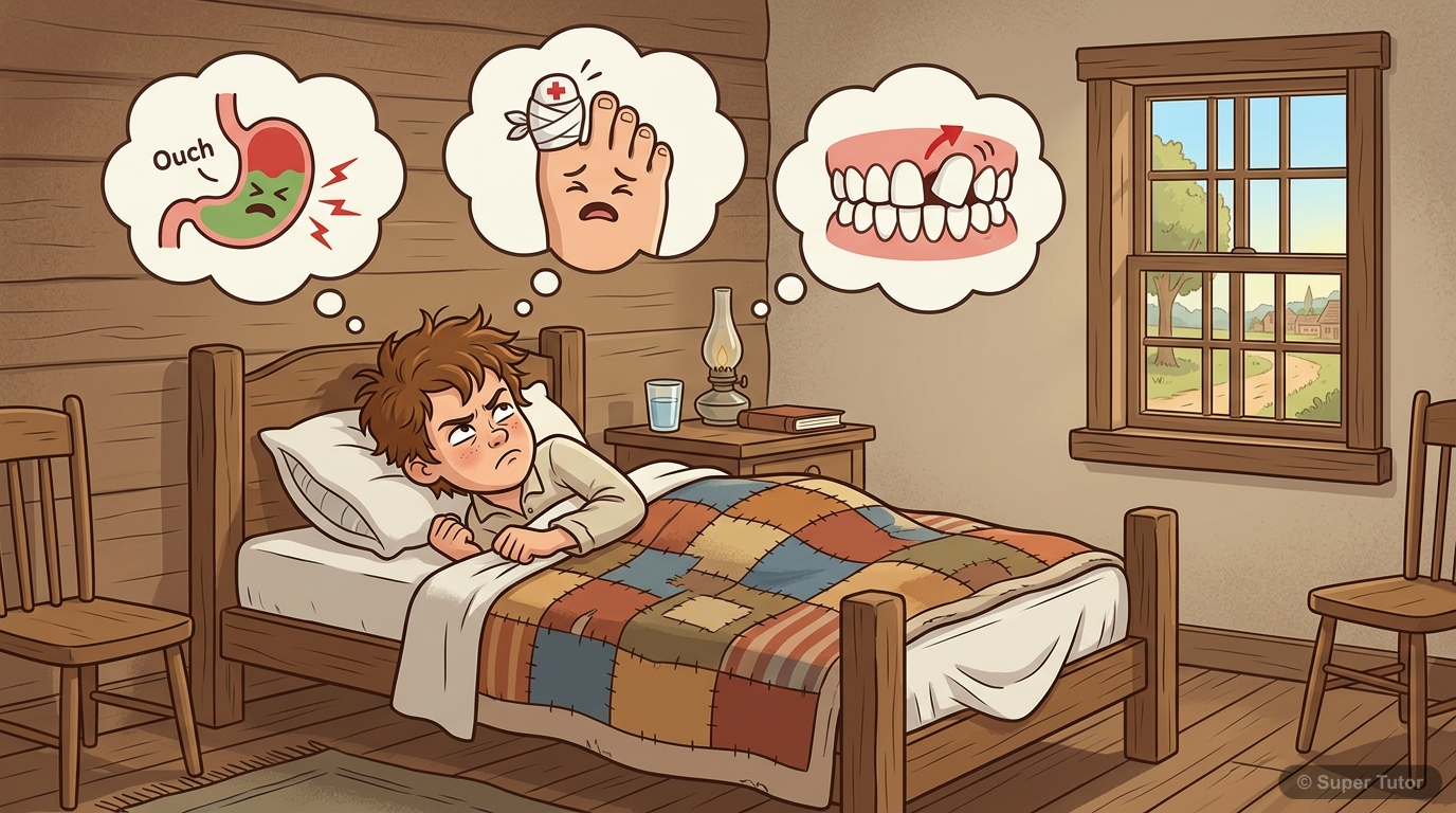 An illustration depicting Tom Sawyer in bed on a Monday morning, looking miserable and scheming to avoid school. Show thought bubbles with his various 'illness' ideas.