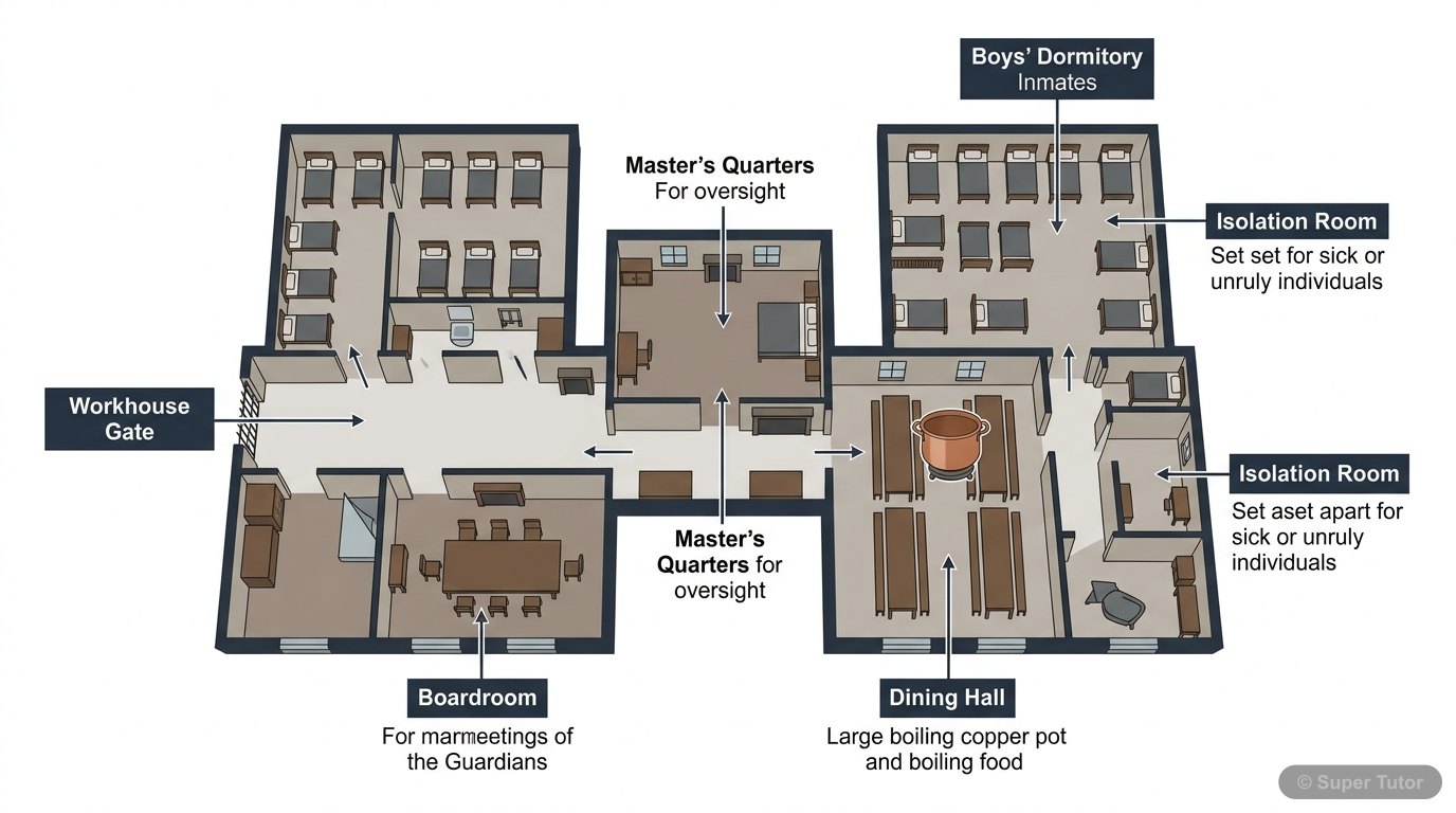 Victorian Workhouse Layout A labeled diagram showing the typical layout and key areas of a Victorian workhouse, including the dining hall, dormitories, master's quarters, and isolation room, to illustrate the institutional sett