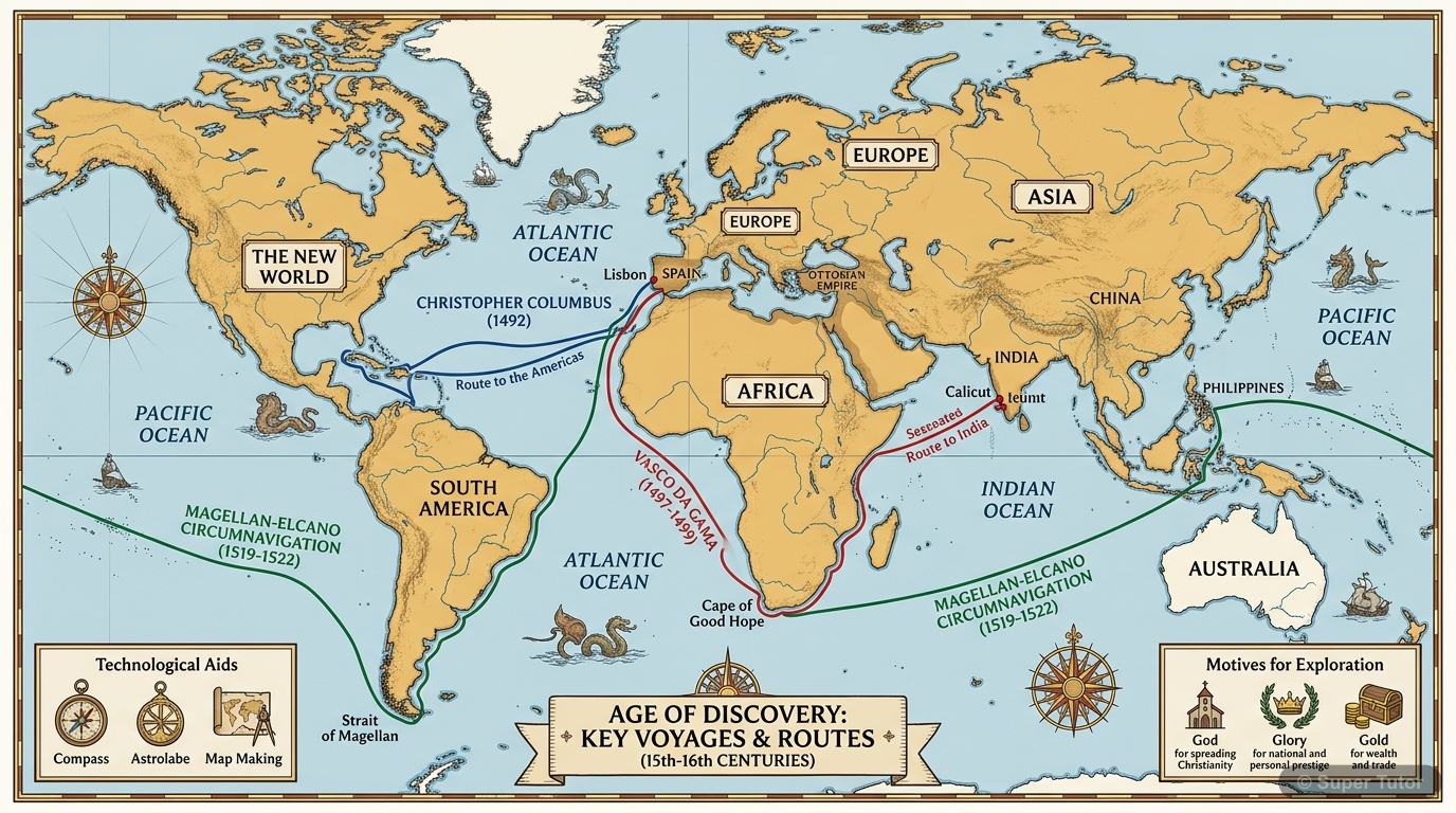 Major Voyages of Discovery (15th-16th Century) A world map showing the key sea routes taken by famous European explorers like Vasco da Gama, Christopher Columbus, and Ferdinand Magellan, indicating their starting points and destinations, along wit