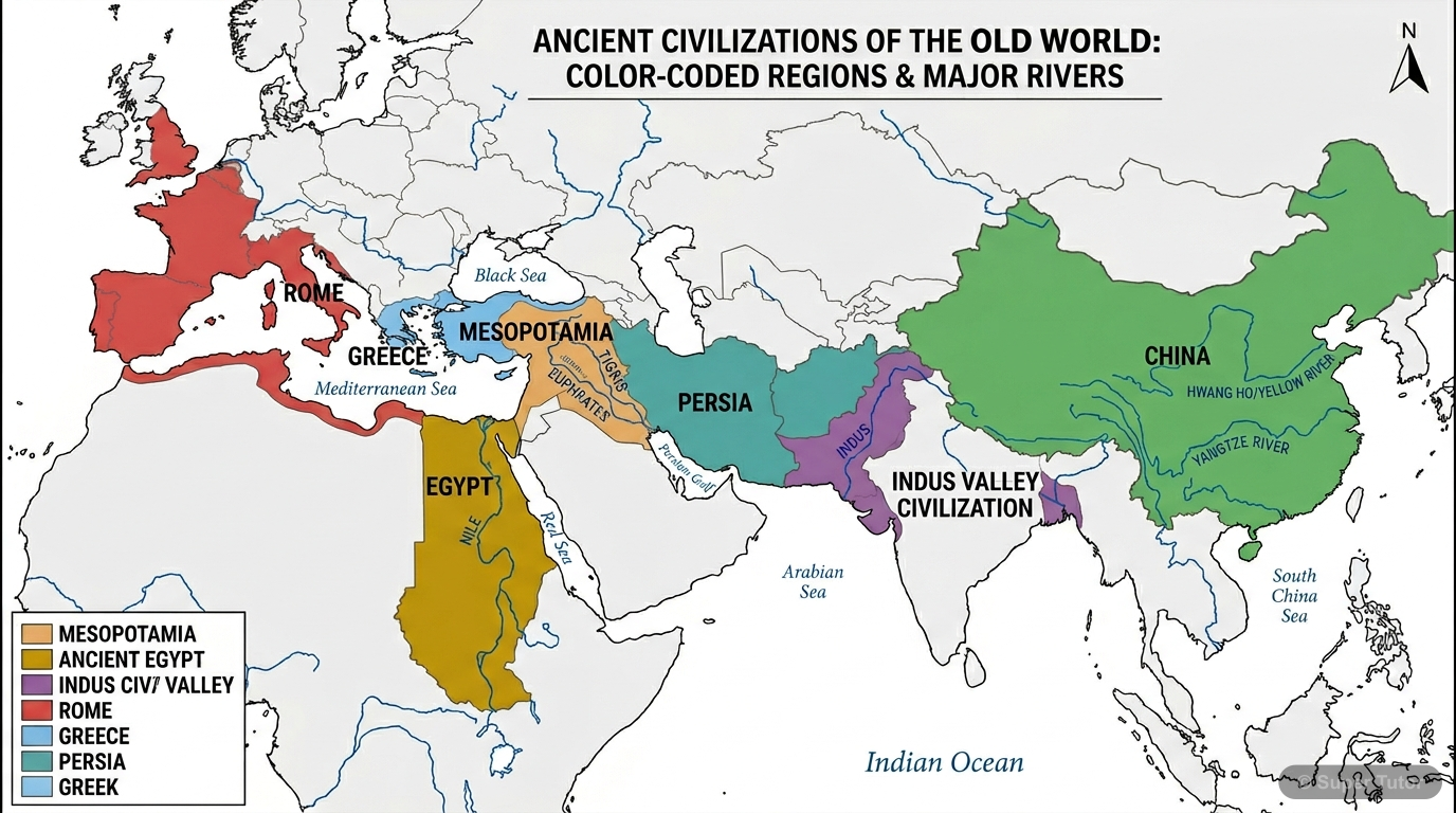 A world map highlighting the geographical locations of major Bronze Age and Iron Age civilizations discussed in the chapter, including Mesopotamia, Egypt, Indus Valley, China, Greece, Rome, and Persia